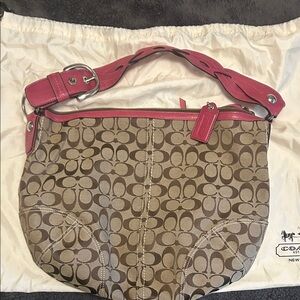 Coach Brown Signature Canvas Shoulder Bag with Pink Trim